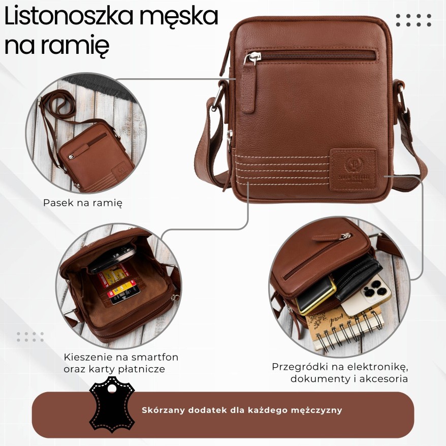 Saszetka męska skórzana koniakowa na ramię – miejska, klasyczna i pojemna AY-27-CG
