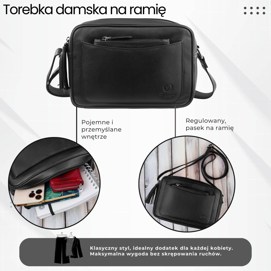 Torebka damska skórzana listonoszka Paolo Peruzzi AY-20-BL | czarna, elegancka i funkcjonalna