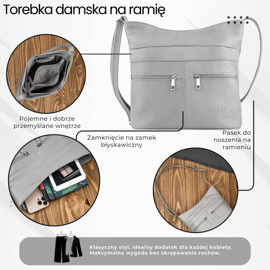 Torebka skórzana damska na ramię szara listonoszka Paolo Peruzzi AY-23-GRE