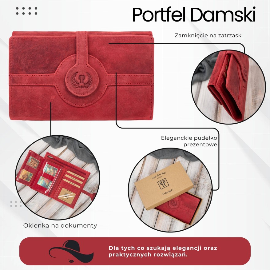 Czerwony duży portfel damski skórzany vintage z RFID T-134-HRD Paolo Peruzzi– idealny do codziennego stylu