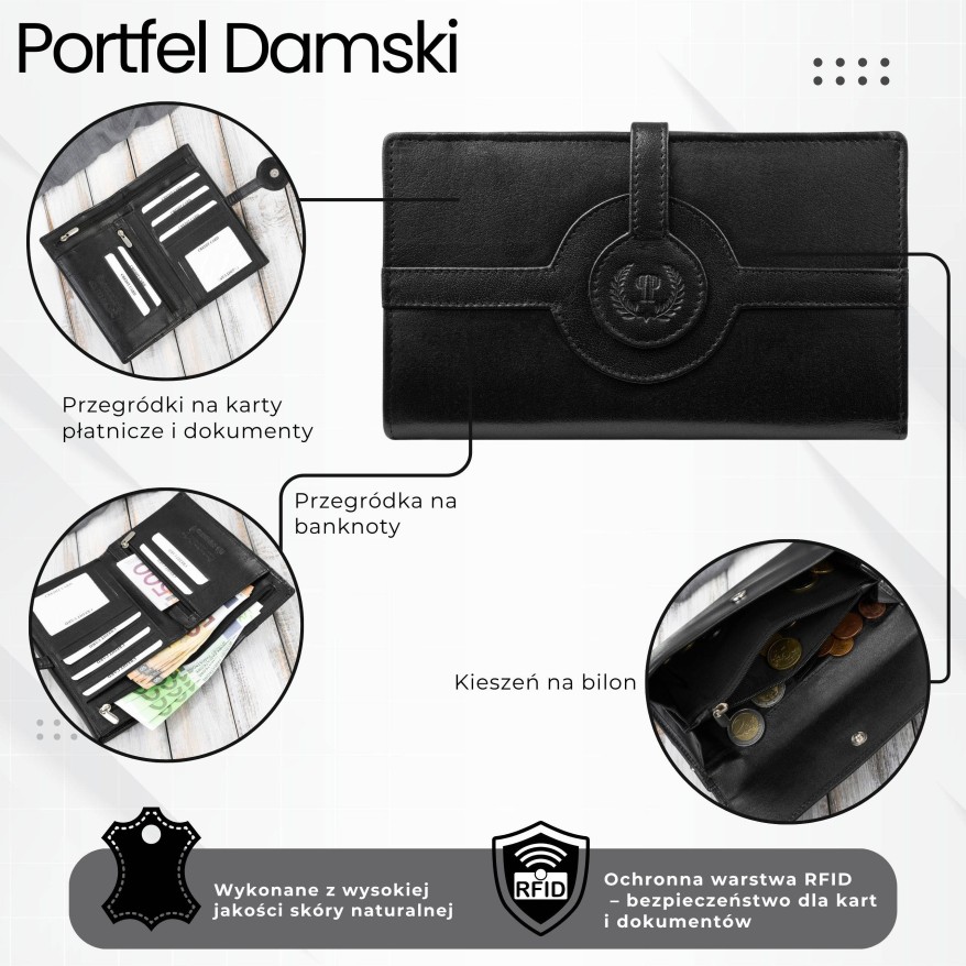 Czarny duży portfel damski skórzany z RFID T-134-BL Paolo Peruzzi– idealny do codziennego stylu