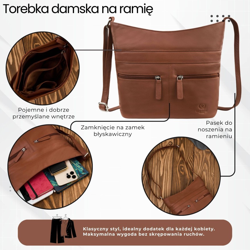 Torebka skórzana damska na ramię koniakowa listonoszka Paolo Peruzzi AY-23-CG