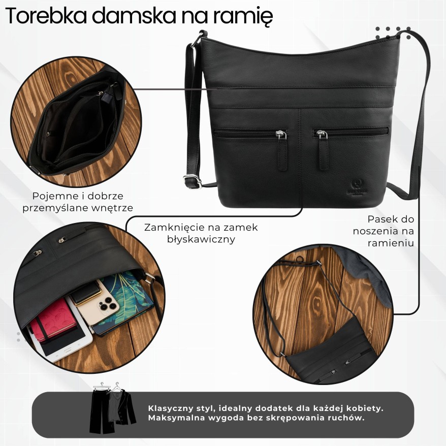 Torebka skórzana damska na ramię czarna listonoszka Paolo Peruzzi AY-23-BL