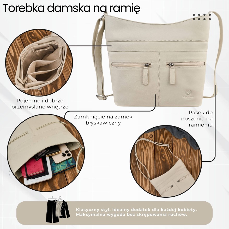 Torebka skórzana damska na ramię beżowa listonoszka Paolo Peruzzi AY-23-BG