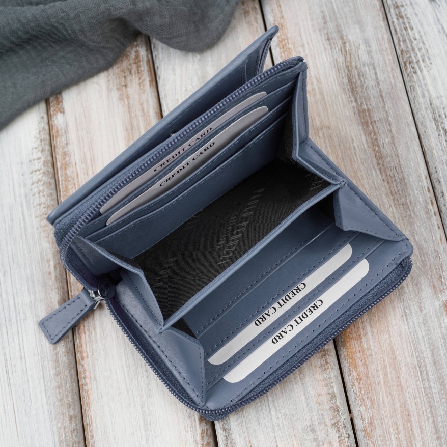 Portfel damski skórzany mały błękitny w orientacji poziomej z RFID Paolo Peruzzi SL-06-CB