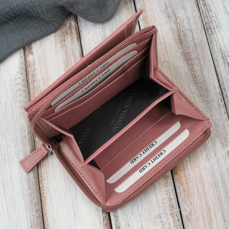 Portfel damski skórzany mały różowy pastelowy w orientacji poziomej z RFID Paolo Peruzzi SL-06-PI