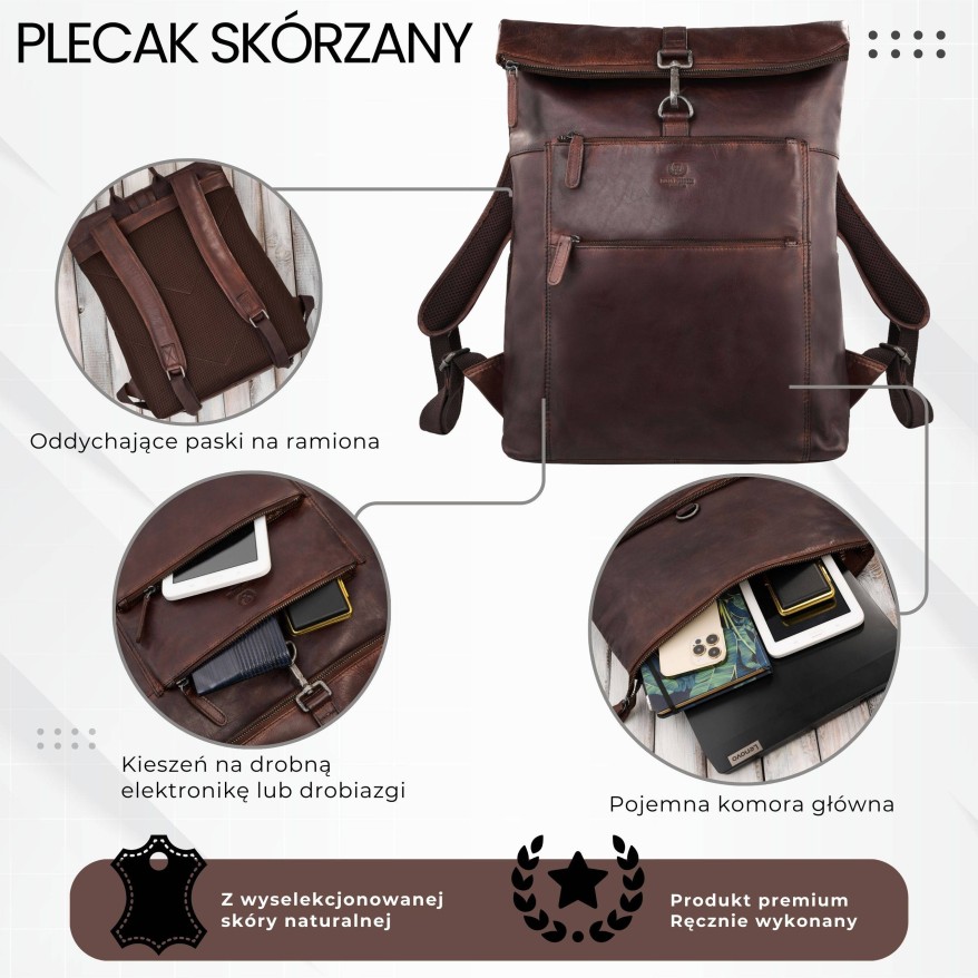 Plecak skórzany vintage roll top na laptopa miejski brązowy Paolo Peruzzi SL-02-BR