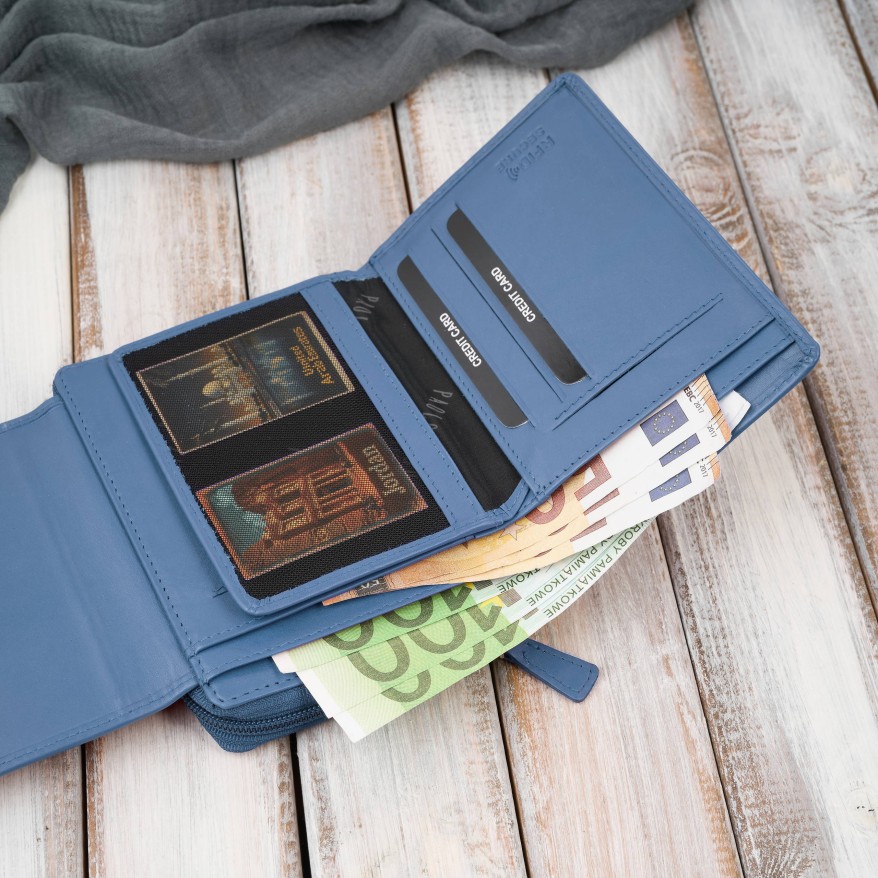 Portfel damski skórzany błękitny duży w orientacji poziomej z RFID Paolo Peruzzi SL-07-CB