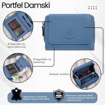 Portfel damski skórzany błękitny duży w orientacji poziomej z RFID Paolo Peruzzi SL-07-CB