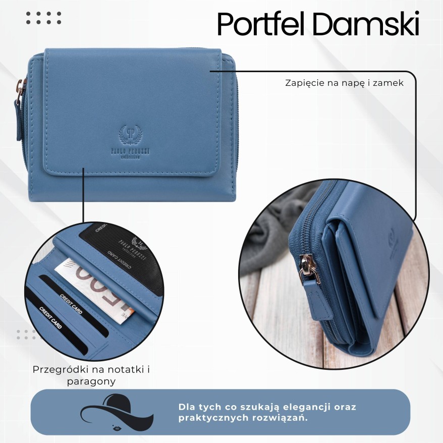 Portfel damski skórzany błękitny duży w orientacji poziomej z RFID Paolo Peruzzi SL-07-CB