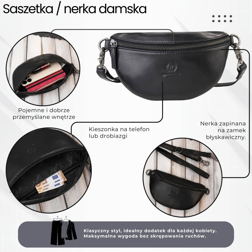 Saszetka damska skórzana nerka crossbody do ręki czarna Paolo Peruzzi SL-05-BL