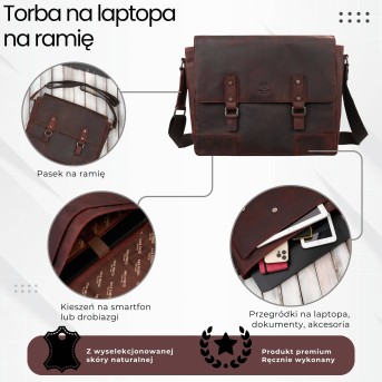 Torba skórzana męska na ramie na laptopa brązowa vintage SL-09-BR