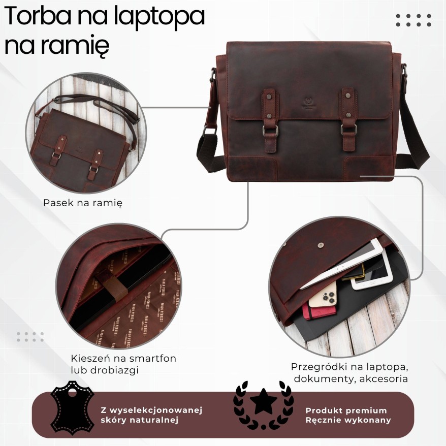 Torba skórzana męska na ramie na laptopa brązowa vintage SL-09-BR