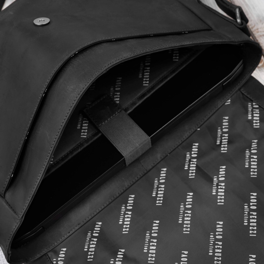 Torba skórzana męska na ramię na laptopa czarna vintage