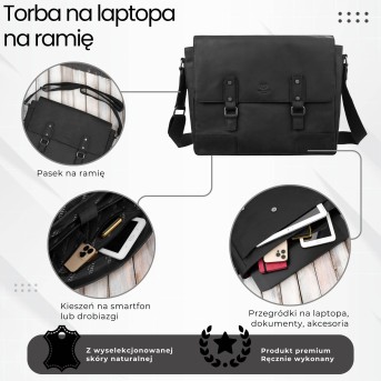 Torba skórzana męska na ramię na laptopa czarna vintage