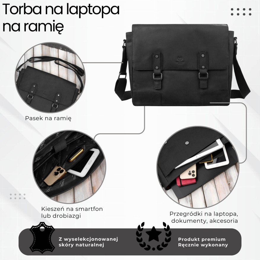 Torba skórzana męska na ramię na laptopa czarna vintage