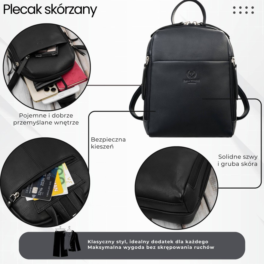 Plecak damski skórzany miejski mały czarny elegancki