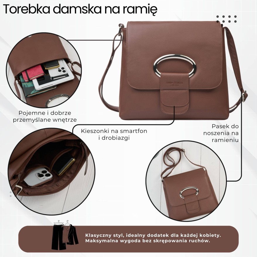 Listonoszka damska ze skóry naturalnej brązowa klasyczna na co dzień AY-19-BR Paolo Peruzzi