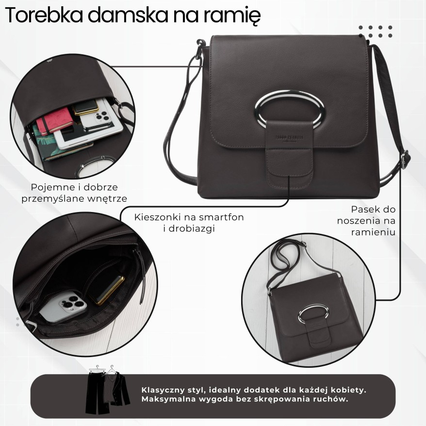 Listonoszka damska ze skóry naturalnej ciemnobrązowa klasyczna na co dzień AY-19-DBR Paolo Peruzzi