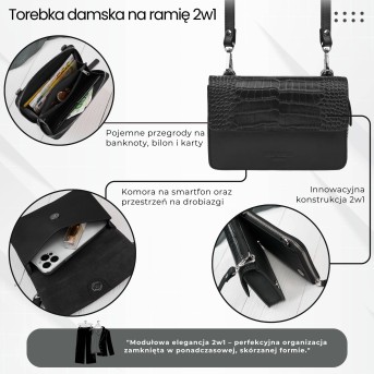 Mała skórzana torebka damska 2w1 czarna croco| Elegancka kopertówka i torebka na ramię – AY-21-CRBL