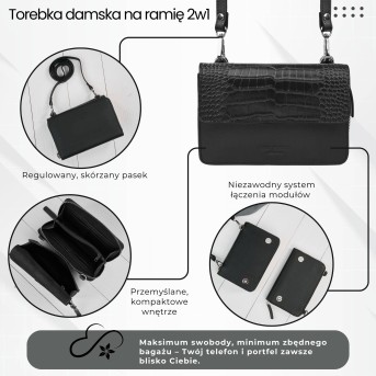 Mała skórzana torebka damska 2w1 czarna croco| Elegancka kopertówka i torebka na ramię – AY-21-CRBL