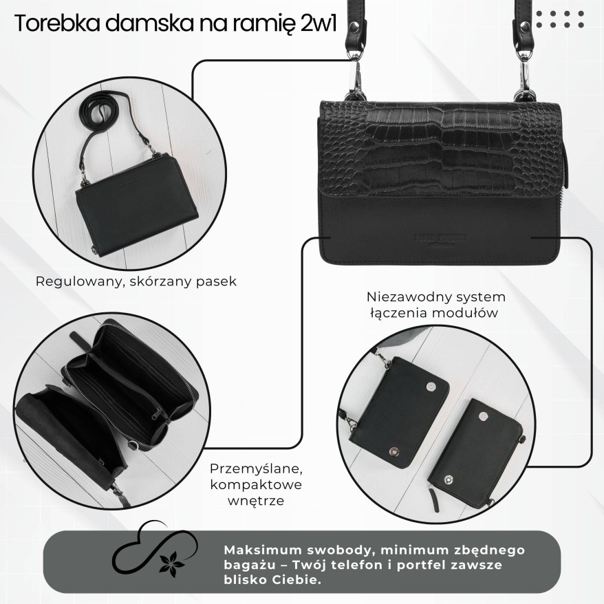 Mała skórzana torebka damska 2w1 czarna croco| Elegancka kopertówka i torebka na ramię – AY-21-CRBL
