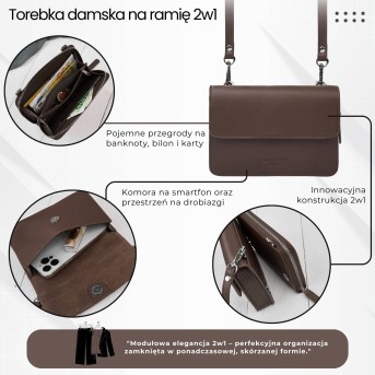 Mała skórzana torebka damska 2w1 brązowa| Elegancka kopertówka i torebka na ramię – AY-21-BR