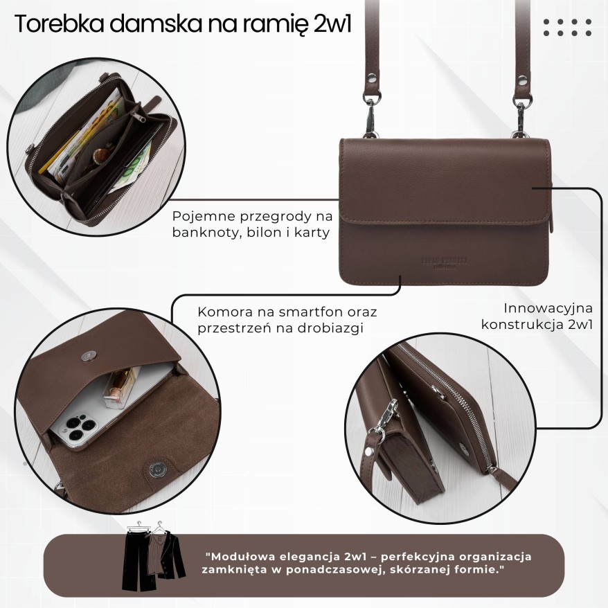 Mała skórzana torebka damska 2w1 brązowa| Elegancka kopertówka i torebka na ramię – AY-21-BR