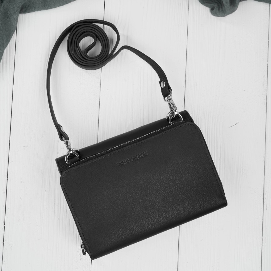 Mała skórzana torebka damska 2w1 czarna | Elegancka kopertówka i torebka na ramię – AY-21-BL