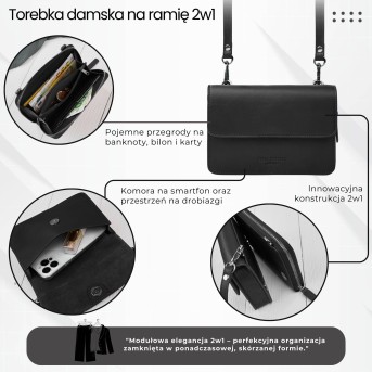 Mała skórzana torebka damska 2w1 czarna | Elegancka kopertówka i torebka na ramię – AY-21-BL