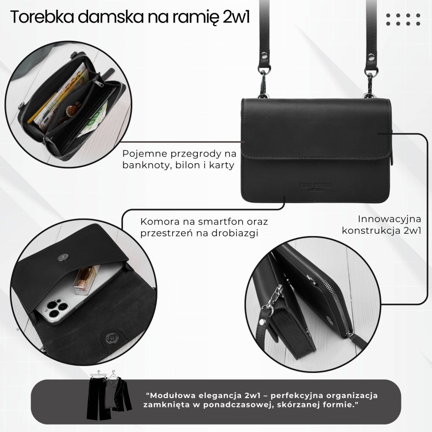 Mała skórzana torebka damska 2w1 czarna | Elegancka kopertówka i torebka na ramię – AY-21-BL