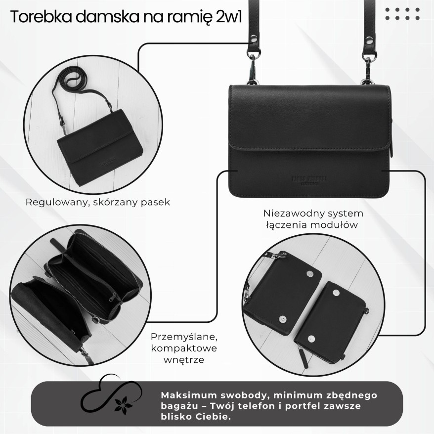 Mała skórzana torebka damska 2w1 czarna | Elegancka kopertówka i torebka na ramię – AY-21-BL