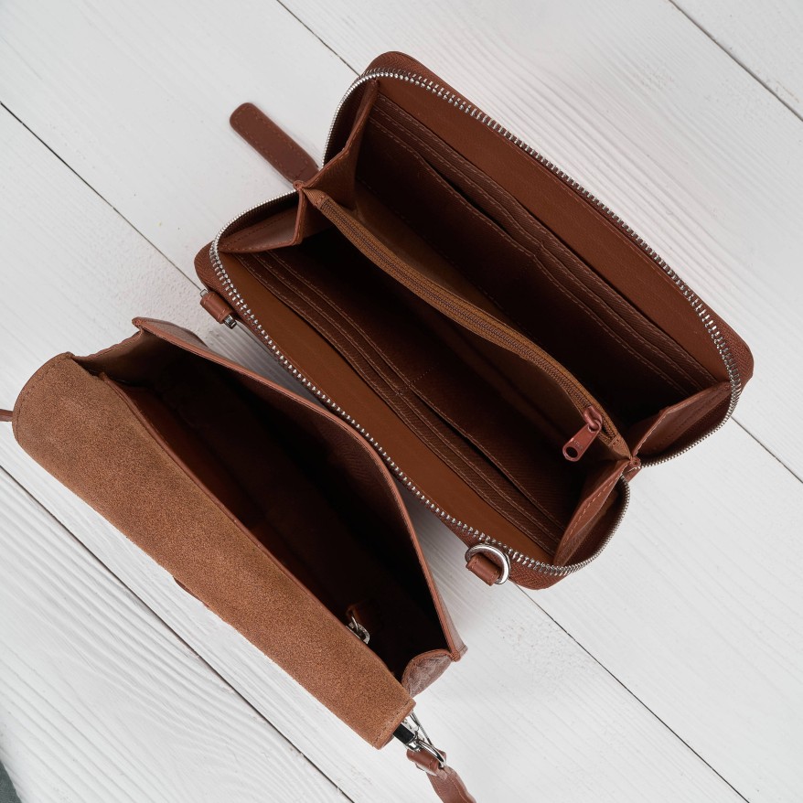 Mała skórzana torebka damska 2w1 koniakowa| Elegancka kopertówka i torebka na ramię – AY-21-CG