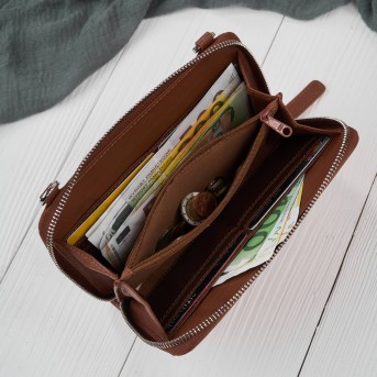 Mała skórzana torebka damska 2w1 koniakowa| Elegancka kopertówka i torebka na ramię – AY-21-CG