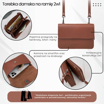 Mała skórzana torebka damska 2w1 koniakowa| Elegancka kopertówka i torebka na ramię – AY-21-CG