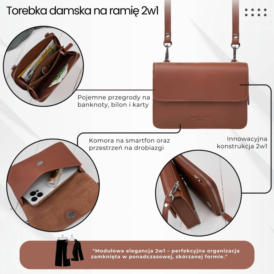 Mała skórzana torebka damska 2w1 koniakowa| Elegancka kopertówka i torebka na ramię – AY-21-CG