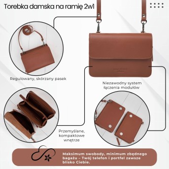 Mała skórzana torebka damska 2w1 koniakowa| Elegancka kopertówka i torebka na ramię – AY-21-CG