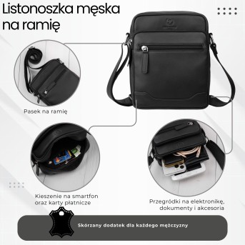 Saszetka męska skórzana na ramię listonoszka czarna Paolo Peruzzi AY-30-BL miejska