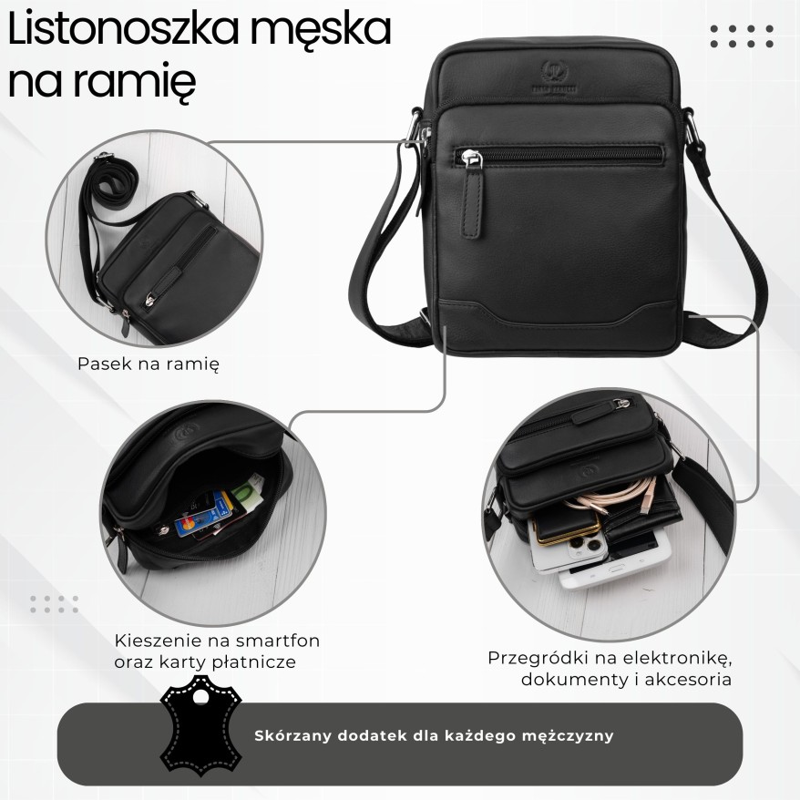 Saszetka męska skórzana na ramię czarna z wcięciem Paolo Peruzzi AY-30-BL