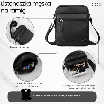 Saszetka męska skórzana na ramię listonoszka czarna Paolo Peruzzi AY-30-BLCG miejska