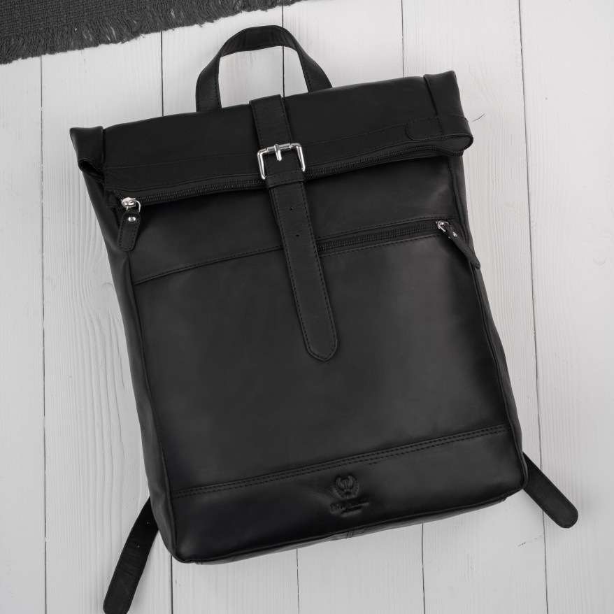 Plecak Roll Top Skórzany Vintage na Laptopa Czarny Unisex AY-32-BL | Miejski Styl