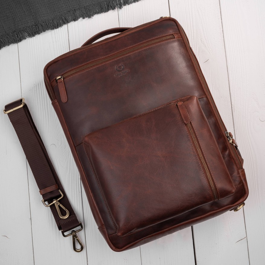 Plecak skórzany miejski do pracy premium na laptopa koniakowy Paolo Peruzzi