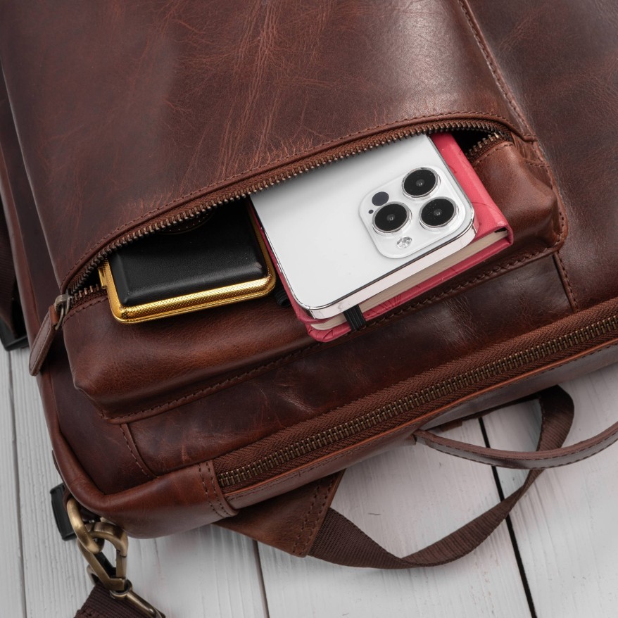 Plecak skórzany miejski do pracy premium na laptopa koniakowy Paolo Peruzzi