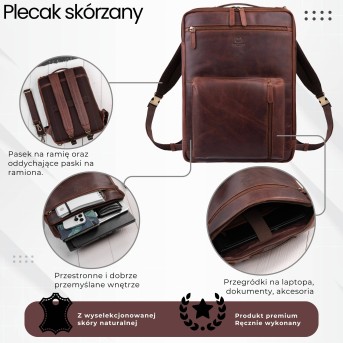 Plecak skórzany miejski do pracy premium na laptopa koniakowy Paolo Peruzzi AY-31-CG
