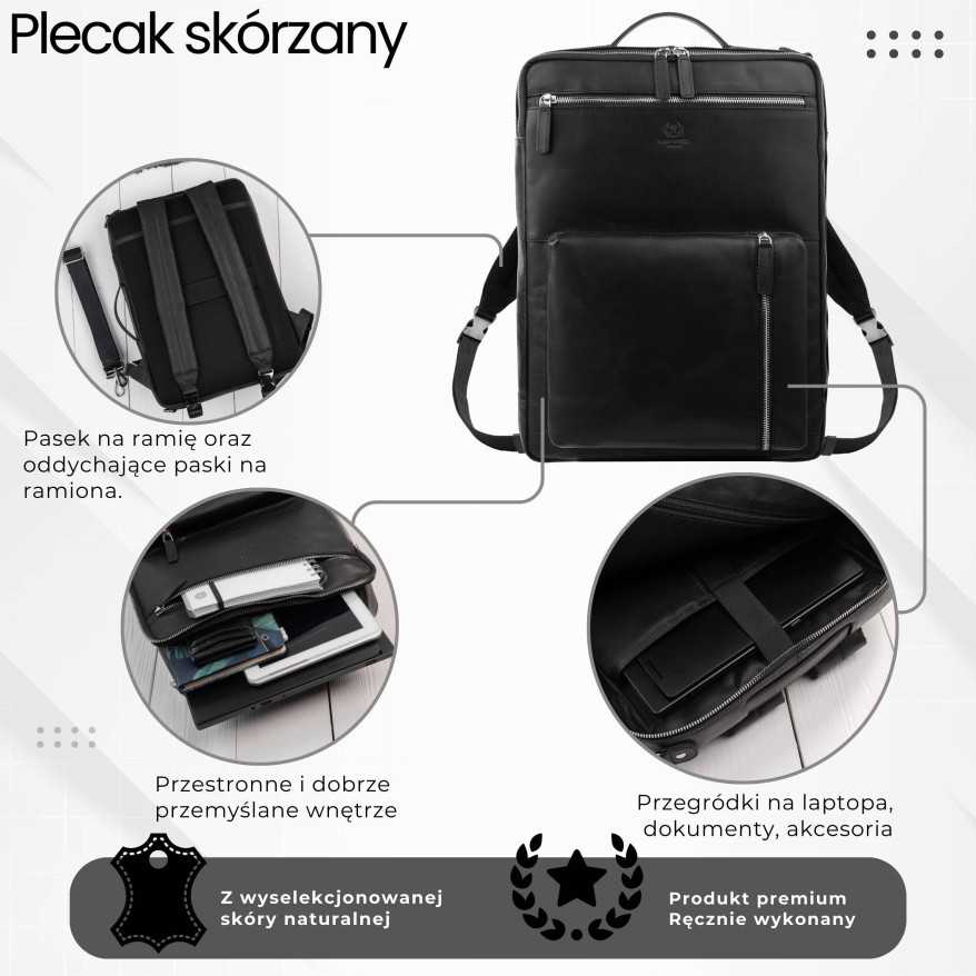 Plecak skórzany miejski do pracy premium na laptopa czarny Paolo Peruzzi AY-31-BL