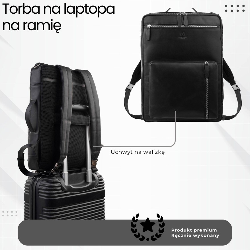 Plecak skórzany miejski do pracy premium na laptopa 2 w 1 czarny unisex AY-31-BL