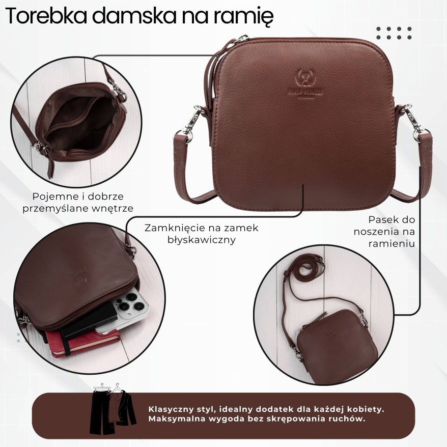 Torebka damska mała skórzana kopertówka na ramię brązowa Paolo Peruzzi