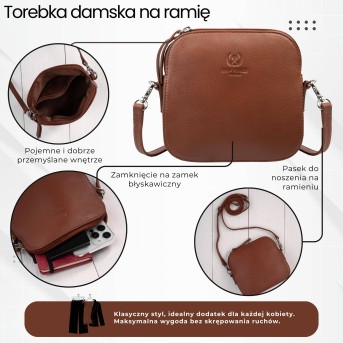 Torebka damska mała skórzana kopertówka na ramię koniakowa Paolo Peruzzi