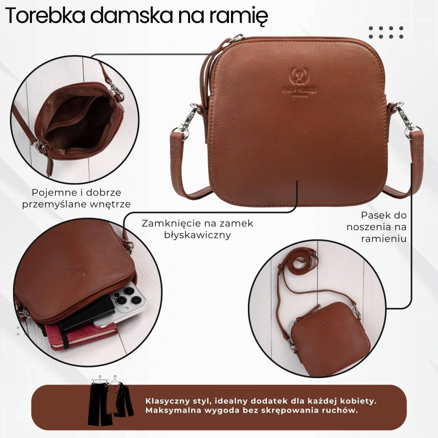 Torebka damska mała skórzana kopertówka na ramię koniakowa Paolo Peruzzi