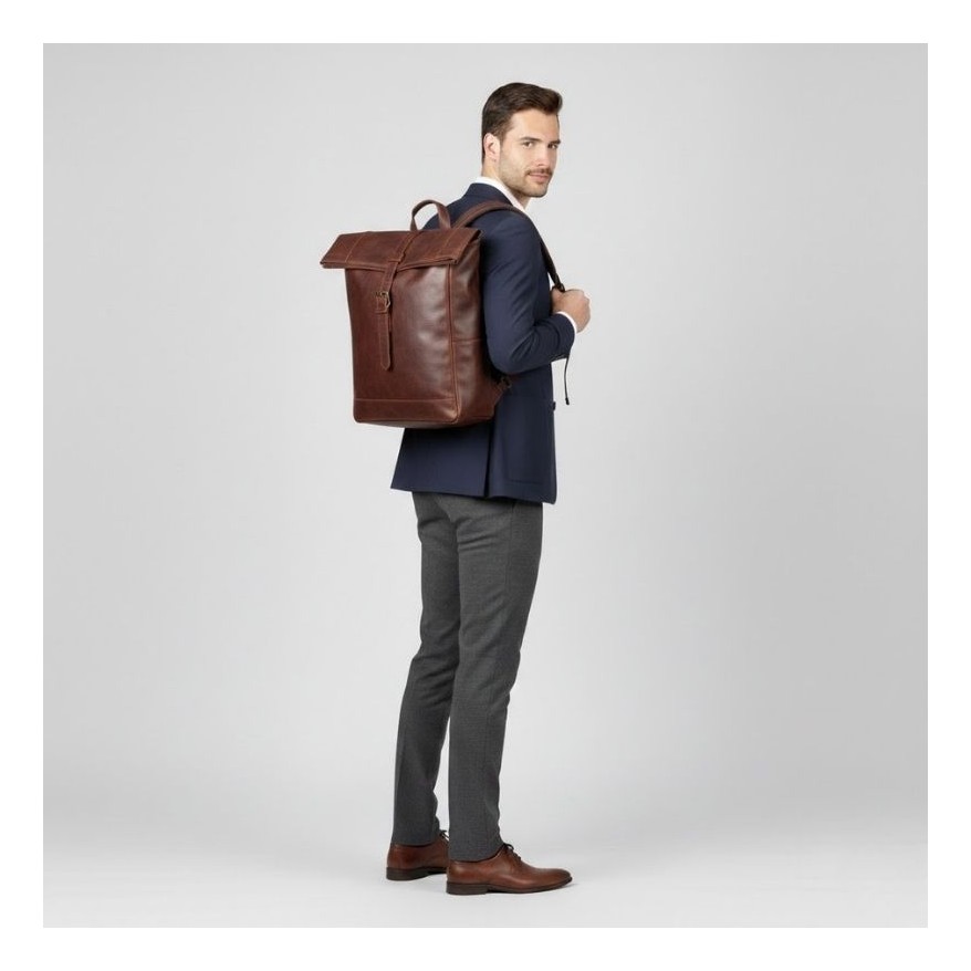 Plecak Roll Top Skórzany Vintage na Laptopa Koniakowy Unisex AY-32-CG | Miejski Styl